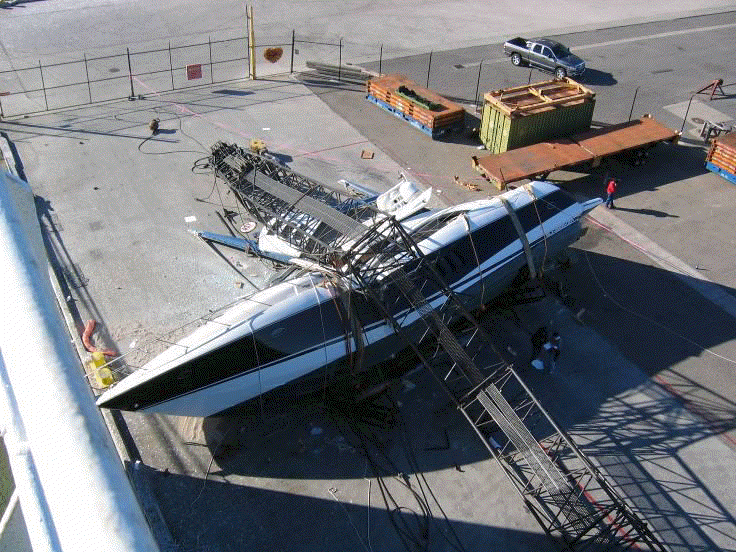 California, Port Hueneme, 2007. A crane fell on a luxury Sunseeker Predator yacht...
