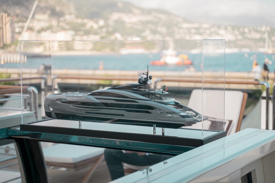 A large scale copy «of the Alpha» by Rossinavi at the booth of the shipyard during the Monaco exhibition.