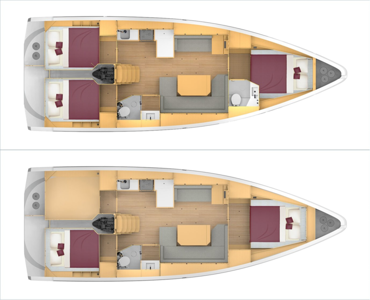 C42 layout options with two or three cabins, one or two bathrooms.