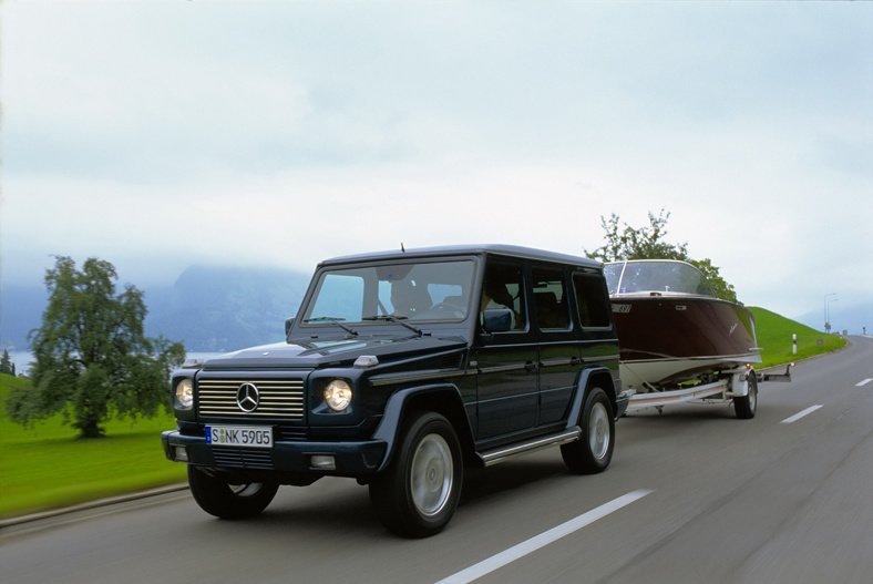 The venerable Mercedes Gelaendewagen with the classic Boesch boat on a trailer