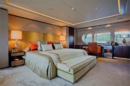 The master suite is literally flooded with light across the entire width of the ship.