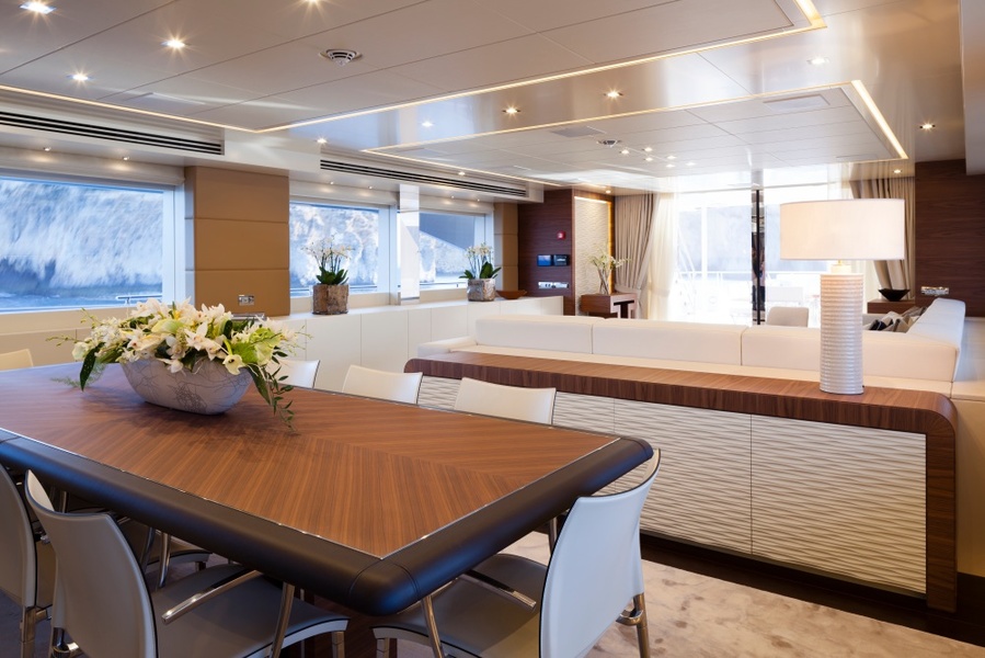 Interiors of the 45-metre Amore Mio from Heesen, whose brief stated the owner's wish to have a "house by the sea" as a result.