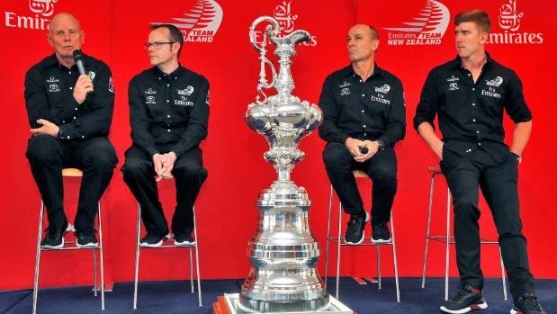 Grant Dalton, Dan Bernasconi, Kevin Shoebridge and Peter Burling at the announcement of the protocol for the 36th America's Cup.