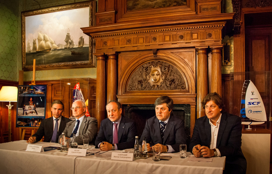 Second left: Chairman of SCF Black Sea Tall Ships Regatta 2014 Robin Snook Hurgonier; CEO and Chairman of the Board of «Sovcomflot», the main sponsor of the regatta, Sergey Frank; Chairman of the Supervisory Board of the regatta Victor Olersky.