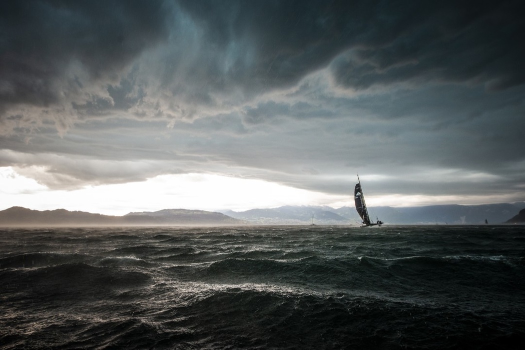 «The Bol d'Or Mirabaud regatta on Lake Geneva will be remembered for its rare power storm. When this photo was taken, the storm front was moving at a speed of over 100 km/h. It covered us, and daylight disappeared beyond the horizon. We realized that a super-modern lake catamaran can run in winds exceeding 60 knots! Ylliam's Comptoir immobilier took first place in the Décision 35 class and second in the overall standings, losing to Ladycat to Spindrift racing»,