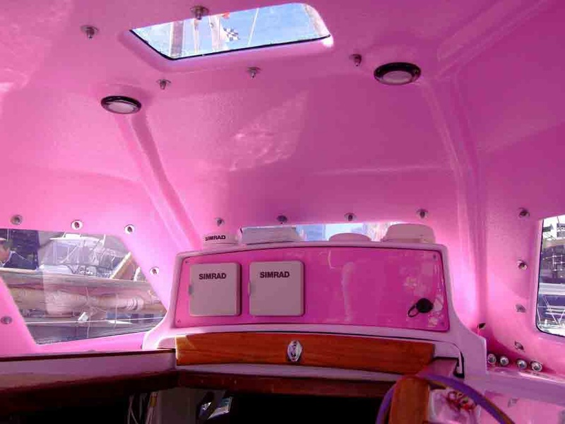 Ella's Pink Lady from the inside. I want to mock the abundance of pink, but the realization of the fact that on this boat a 16-year-old child conquered the oceans stops