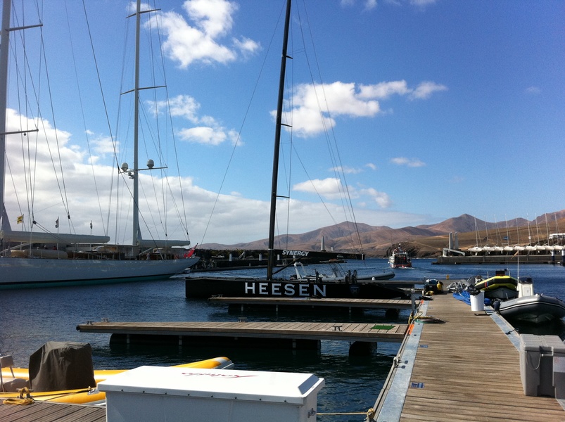 RUS13 on a pier in Lanzarote. Branding is in place, for the first RC44 regatta of the season ready!