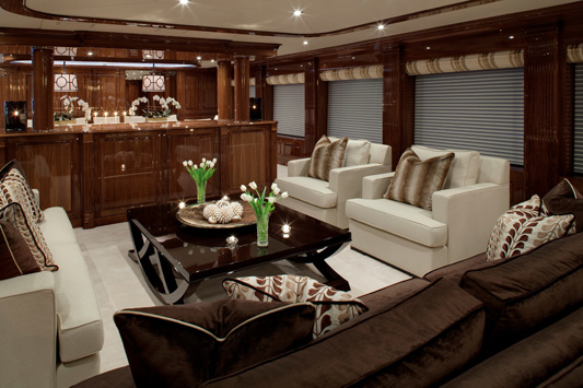 The main deck foyer separates the owner's cabin from the dining room.