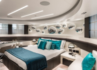 The master suite covers the entire width of the main deck. The turquoise cushions, the original décor above the headboard, reminiscent of bubbles of air in the water, look very much in theme - in a sea way.