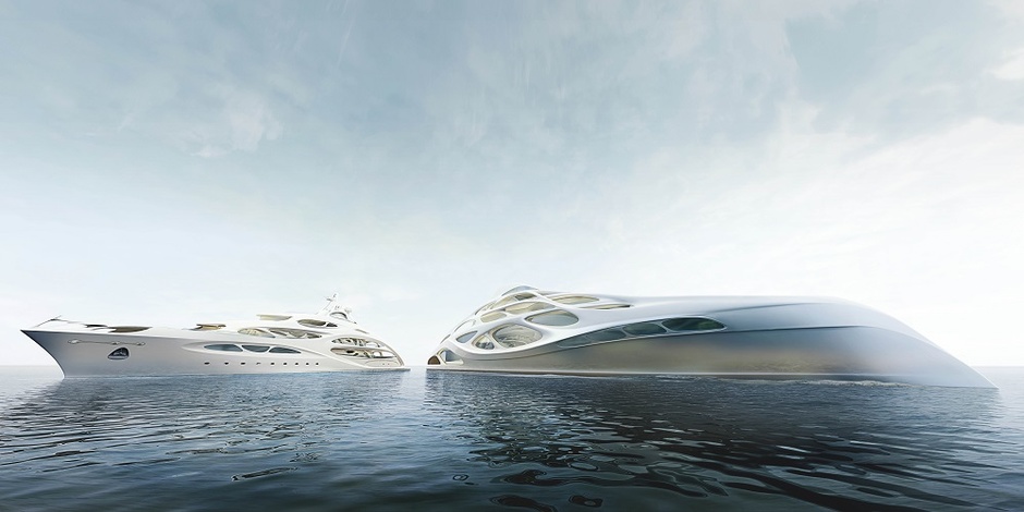 On the left is a 90-metre concept yacht, on the right is a 128-metre.