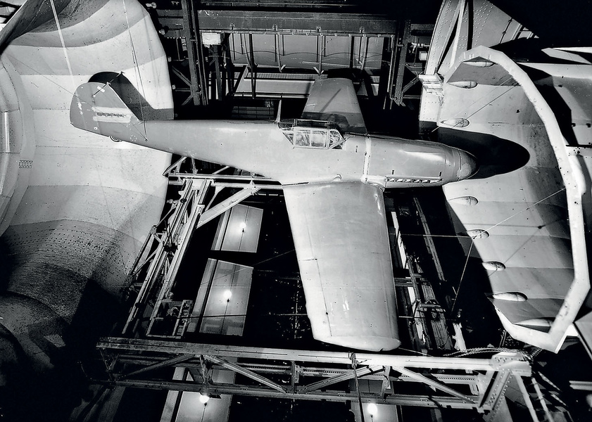 The Me-109 fighter is blown in a wind tunnel.