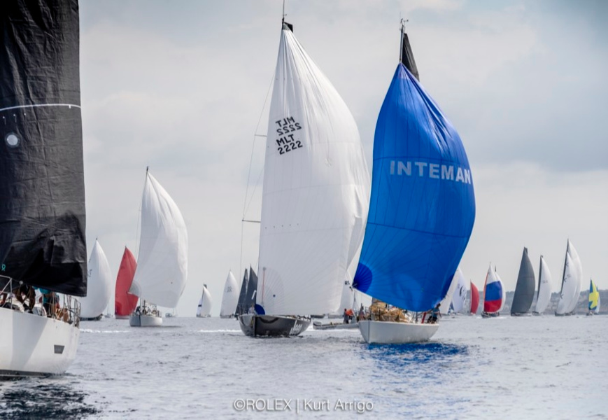 Tricolor on sail of Russian Gagarin team Alexey Moskvin in Middle Sea Race fleet.