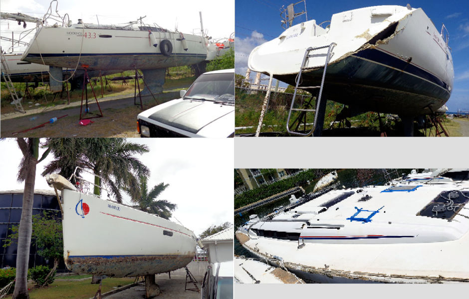 These sailboats Beneteau and Jeanneau, for sale in the U.S., were battered by Hurricane Irma in 2017.