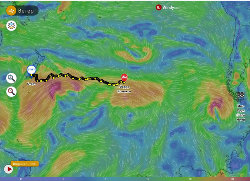 Трекер «Иридиум» и карта ветров на 5 февраля