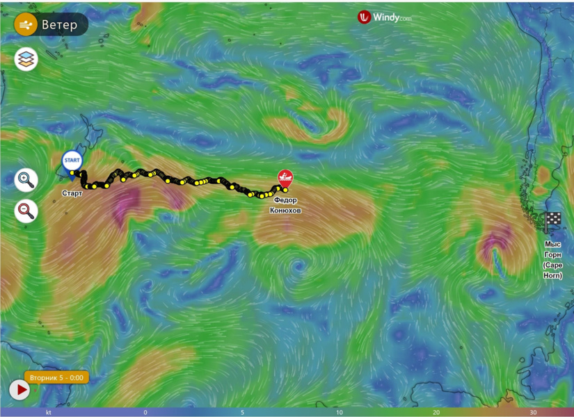 Tracker «Iridium» and map of winds for February 5