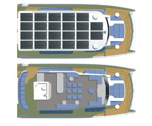 The design of the catamaran is very convenient for a "green" yacht: more solar panels can be mounted on a wide roof.