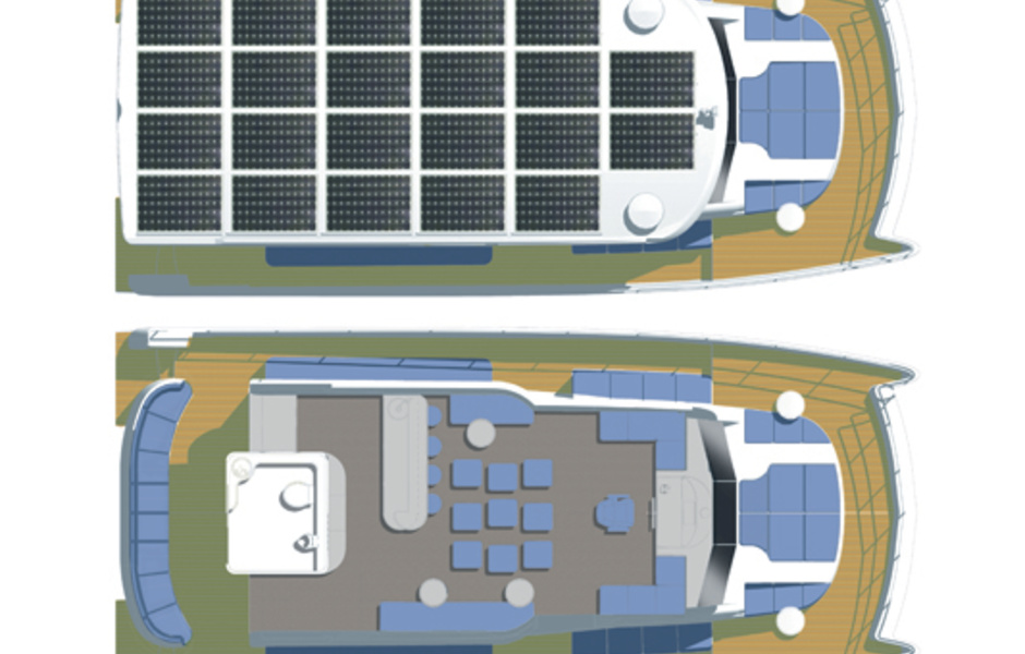 Конструкция катамарана очень удобна для "зеленой" яхты: на широкую крышу можно закрепить побольше солнечных батарей