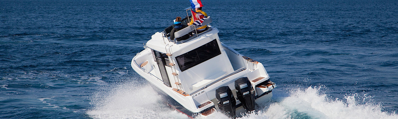 Small flybridge boats for cruising and fishing provide an elevated platform for improved visibility and navigation.