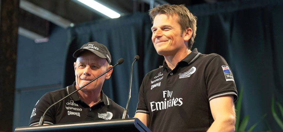 Grant Dalton and Dean Barker during a press conference in Auckland.