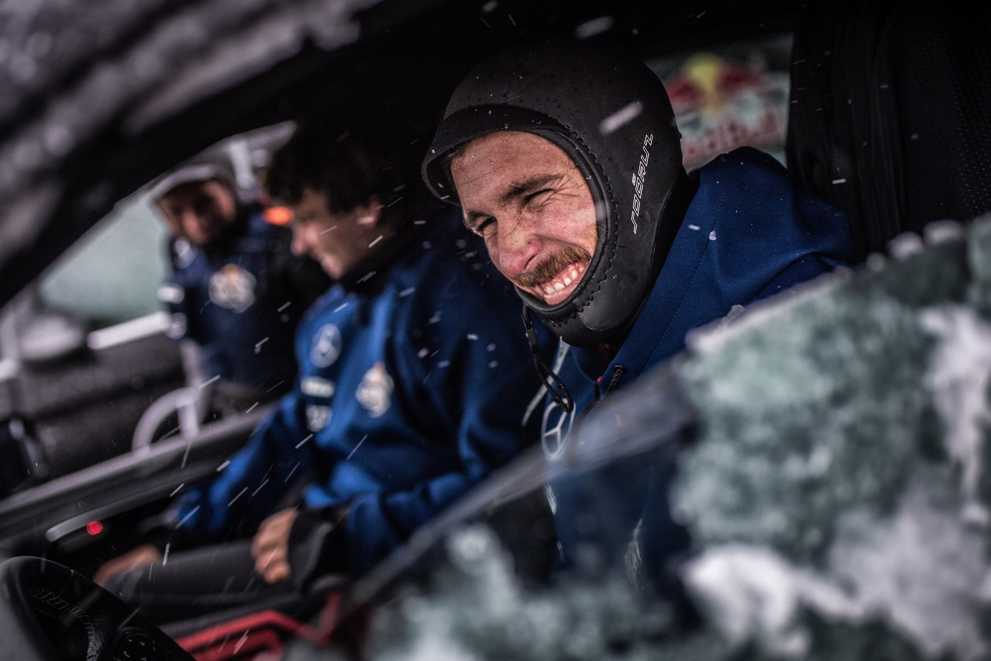 Frenchman Thomas Traversa is warming up in his car while waiting for his turn.