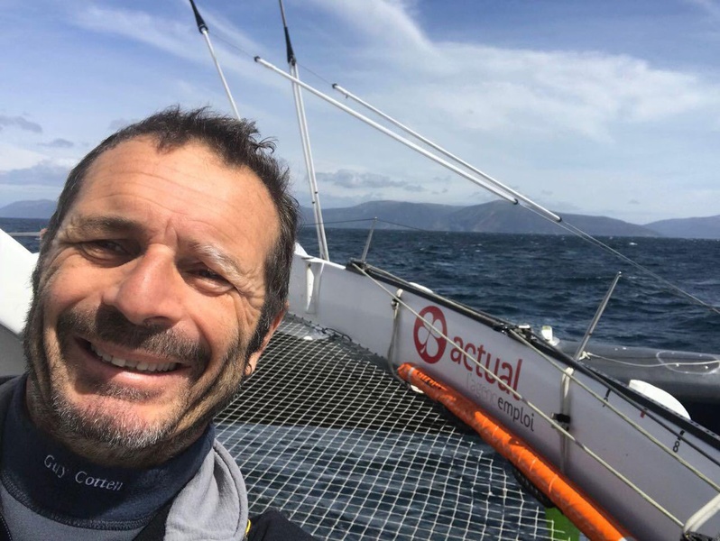 Yves Le Bleuk aboard the Actual trimaran during a solo circumnavigation from east to west.