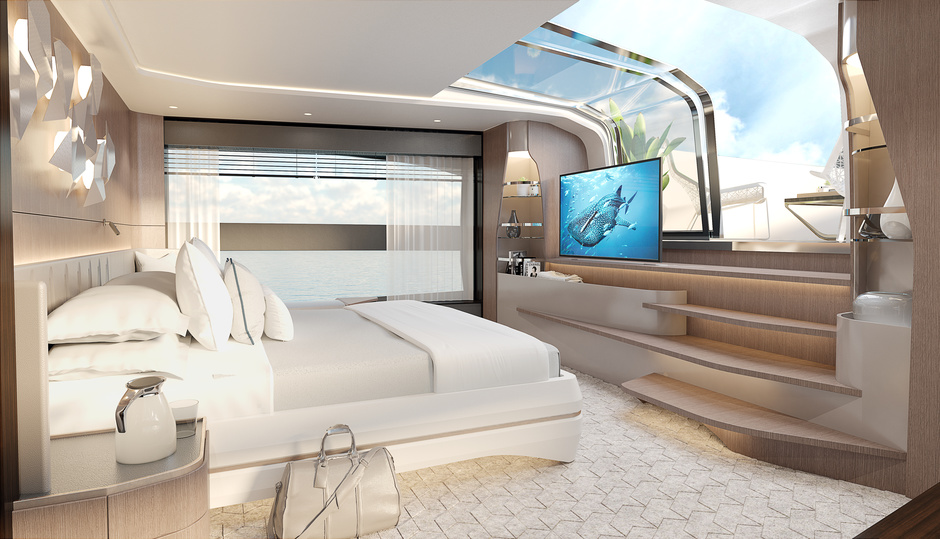 Master suite. An additional advantage of its location is the separate access to the open part of the bow deck through a sliding glass door. It also allows daylight to fill the cabin.