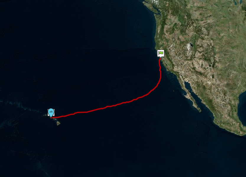 Маршрут де ла Роса в трекере. Менее чем за 77 дней он прошел 4750 км (2950 морских миль).
