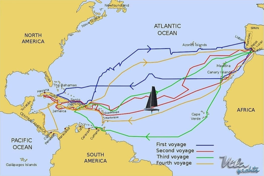 The travel routes of Columbus. Leonard will navigate the second one, which is marked on the map in red.