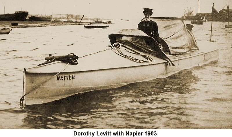 Dorothy Levitt at the wheel of a Napier powerboat