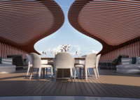 The beach club with swimming pool is covered with two large translucent «tinted glass visors».