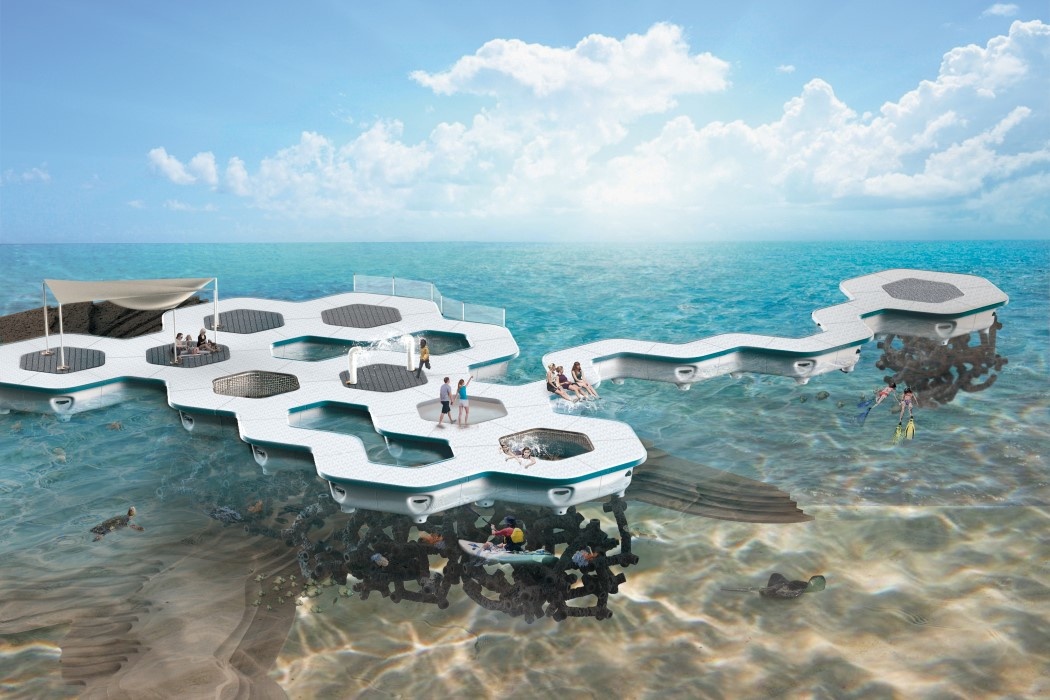 Hexagonal-shaped islets themselves will serve as recreational areas for people: they can be connected to each other like honeycomb, forming artificial beaches, protected pools and even bridges between the two plots of land.  