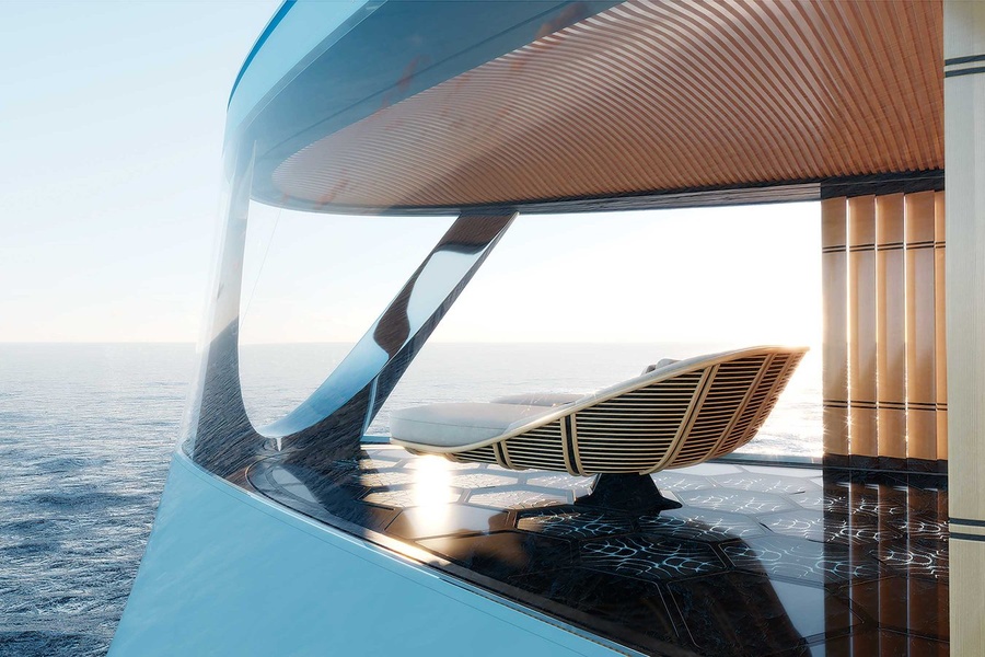An enclosed observation deck with panoramic glazing right on the bow is the gem of the owner's suite