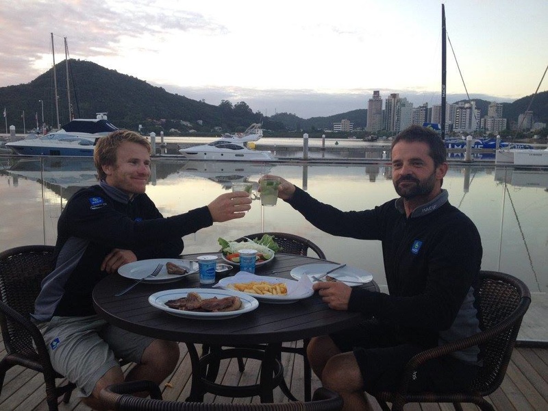 François Gabart and Pascal Bidegorry celebrate victory