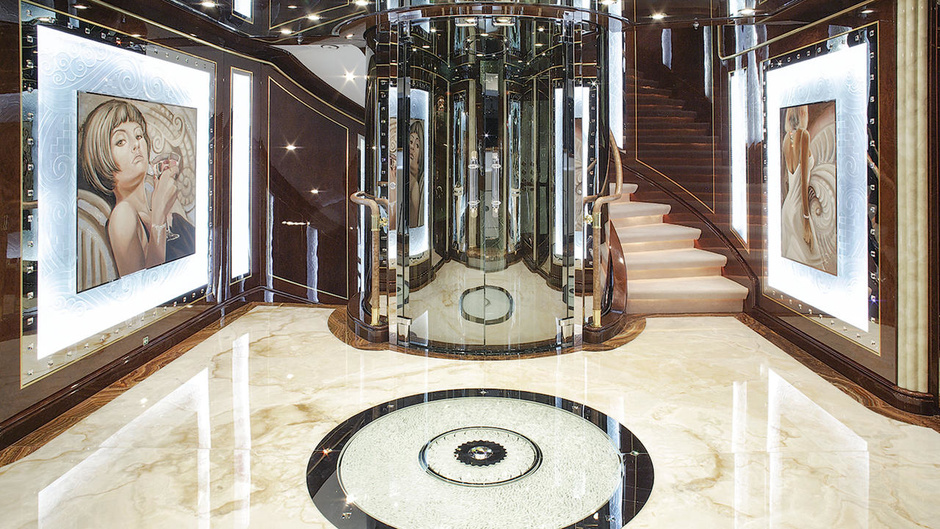 Central atrium on Benetti's 60-metre yacht "Diamonds are forever" decorated with works of art.
