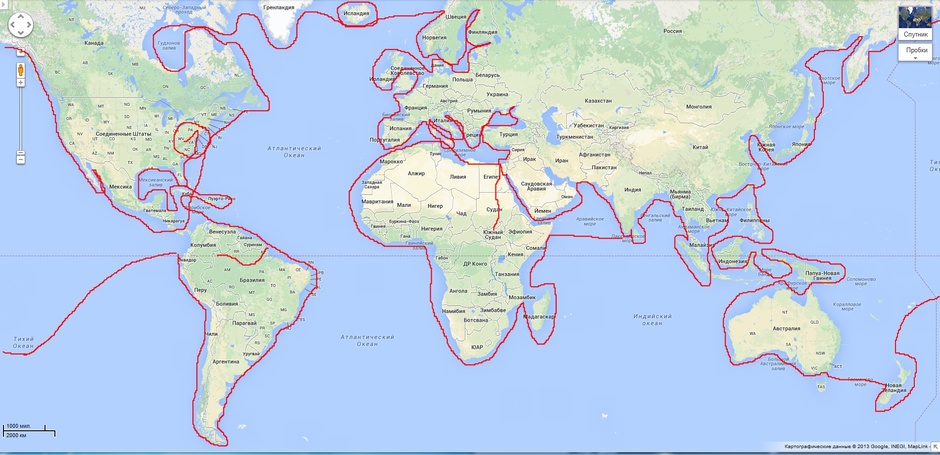 An approximate route of an ambitious amateur circle of the world.