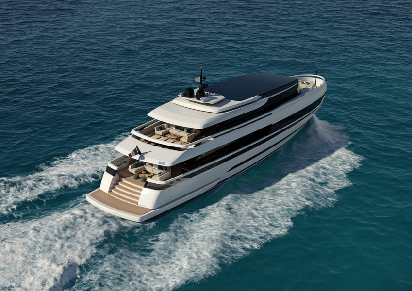 A 5.36-metre tender and jet ski are stored under the folding aft stairs of the Extra 130 Alloy.