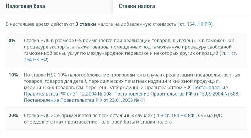Распределение ставок налога на добавленную стоимость на сайте Федеральной налоговой службы РФ