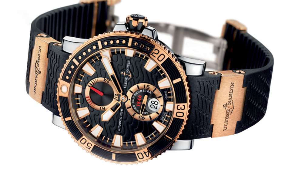 Ulysse Nardin Maxi Marine Diver Titanium. 45-мм корпус из титана, безель из розового золота. Сапфировая задняя крышка, 42-часовой резерв хода, водонепроницаемость 200 м.