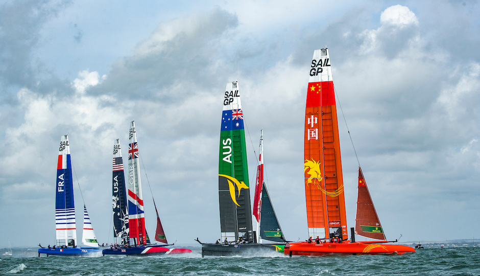 All six catamarans competing at the start of the first race.