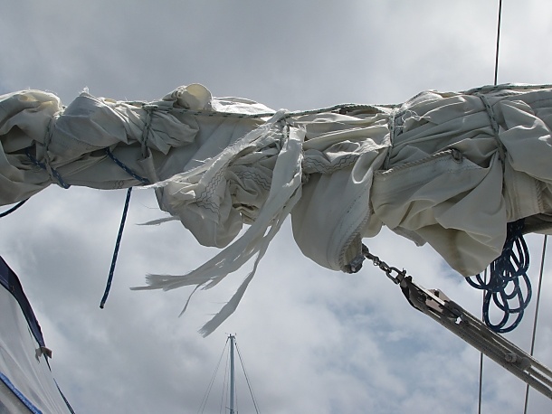 The wind at 60 knots left the yacht without a staysail. Since then, Marcy and David Lynn have learned to prepare thoroughly for storms...