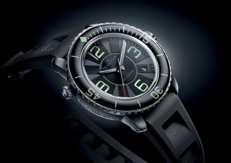 Blancpain 500 Fathoms. Anniversary version of the famous model Fifty Fathoms. Black luminescent dial, 48 mm case, automatic decompression valve, 1000 m water resistant.