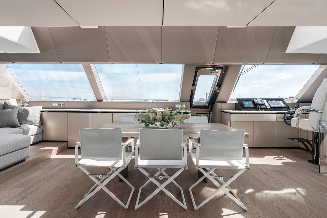 The dining room can accommodate eight people - that's how many can be accommodated in the four guest cabins located on the lower deck of Great White.  