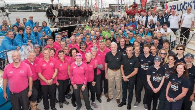 Clipper Round the World Race 2017/18 and Robin Knox-Johnston (center) before the start of the regatta.