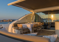 Aft of the main deck is an alfresco area with another dining area and a bar. This area can be covered from above by an electrically operated elbow cassette awning. 