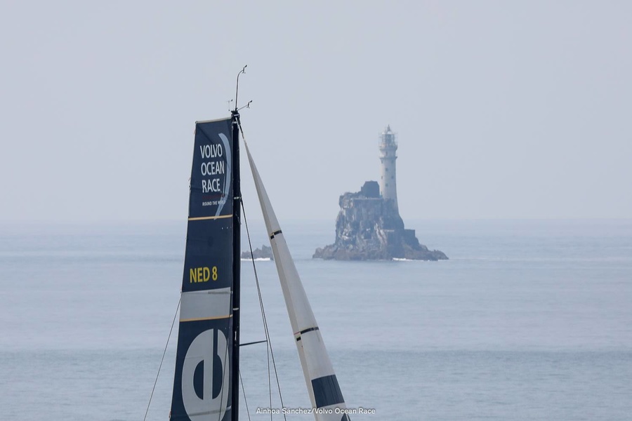 Brunel on the background of a lighthouse on the Rock of Fastnet during the 10th stage of VOR 2017/18.