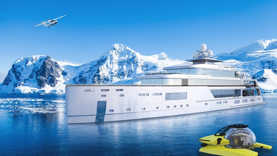 A white-silver 80-metre-long concept vessel masks perfectly against the cold northern landscape.