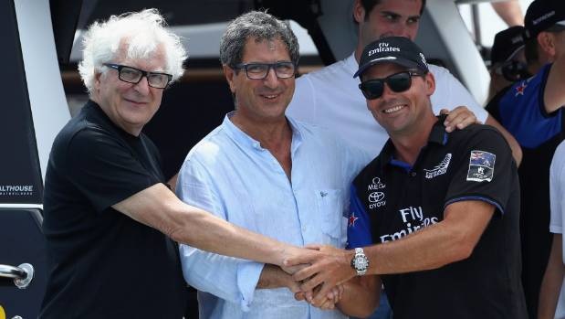Luna Rossa director Patricio Bertelli, Sicilian Yacht Club president Augustino Randazo and Royal New Zealand Yacht Squadron commander Steve Mair shake hands after Team NZ wins the America's Cup.