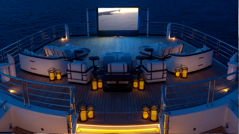 And in the evening, the second helicopter deck will turn into an open-air cinema.