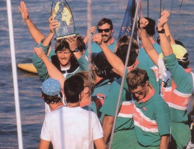 Sir Peter Blake, a multiple competitor in the race, is finally holding the 1989-90 Whitbread Cup.
