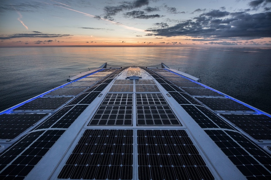 View from the cockpit to the solar panels before installation of the sails